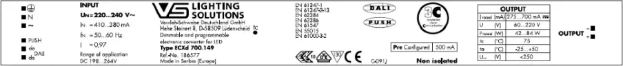 VS 42-84W DALI/iProg 275-700mA 60-220V ECXd 700.149 прогр/iProg 359x30x21мм - Драйвер для светодиодов Vossloh-Schwabe. Фото 3