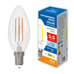 LED-C35-5.5W-4000K-E14-CL-SLF Лампа светодиодная, Форма свеча, прозрачная, Белый свет 4000K