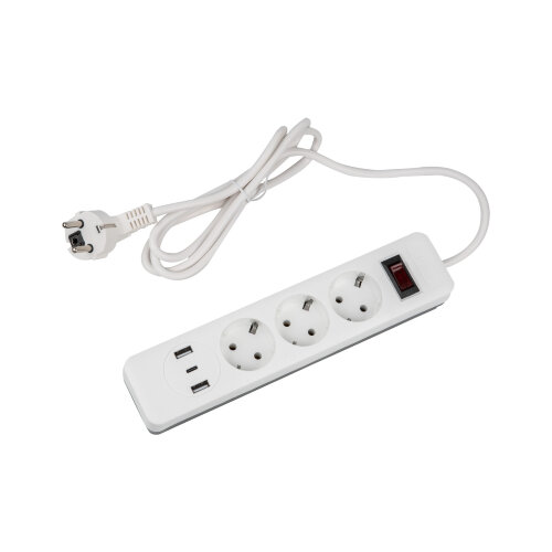 S-GSR3-1.5 U2C1 WHITE-GREY Сетевой фильтр серии Standard, шнур 1.5м Пвс 3х0.75, 3 гнезда, с-з, 2USB+1TYPE C, 10A, 2500Вт, Белый-серый, TM Uniel - фото 1