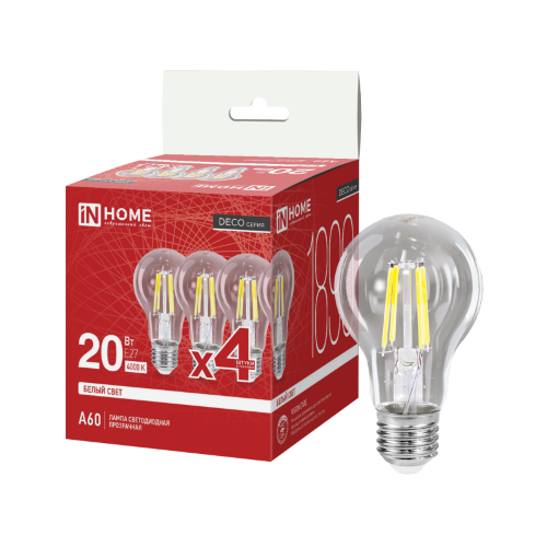 Лампа светодиодная LED-A60-deco 4PACK 20Вт 230В Е27 4000К 1890Лм (4шт./упак) прозрачная IN HOME - Фото