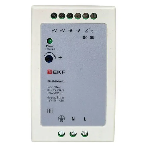 Блок питания на DIN-рейку 100Вт Uвх ~ 220В AC m Uвых - 12В DC постоянного тока EKF DR-M-100W-12 - фото 5