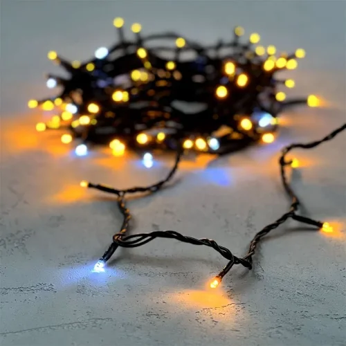 Гирлянда Нить 10м Желтая с Мерцанием Белого Диода 24В, 100 LED, Провод Черный ПВХ, IP54. Фото 6.