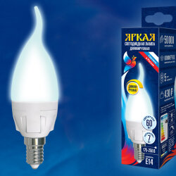 LED-CW37 7W-4000K-E14-FR-DIM PLP01WH Лампа светодиодная, диммируемая, Форма свеча на ветру, матовая, Серия Яркая, Белый свет 4000K.