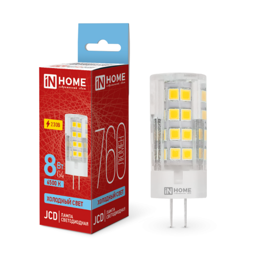 Лампа светодиодная LED-JCD 8Вт 230В G4 6500К 760Лм IN HOME - Фото