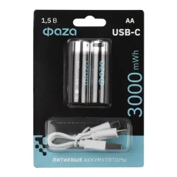 Аккумулятор литиевый AA 1.5В Li-Ion 3000мВт.ч 2000мА.ч зарядка от Type-C шнур в комплекте BL-2 (уп.2шт) ФАZА 5061576
