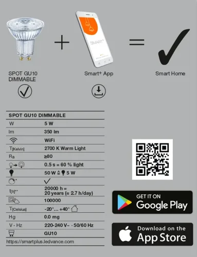 4.9W/2700K (=40W) GU10 SPOT Dim 45° 350Lm 20000h d50x55mm - Светодиодная лампа с управлением по Wi-Fi LEDVANCE. Фото 5
