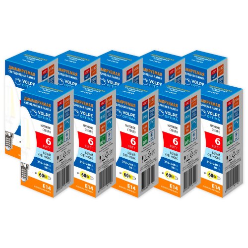 LED-C35-6W-4000K-E14-FR-DIM-SLF Набор из 10штук Лампа светодиодная диммируемая, Форма свеча, матовая, Серия Optima DIM Филамент, Белый свет 4000K - фото 1