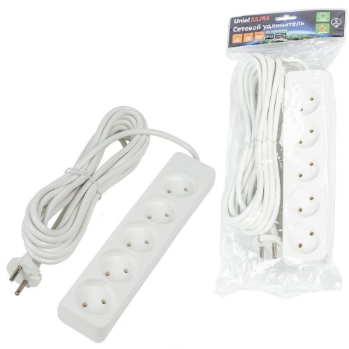 S-CU5-5 WHITE Удлинитель серии Ultra, шнур 5м., 5 гнезд, 10A, б-з, Белый, TM Uniel - фото 3