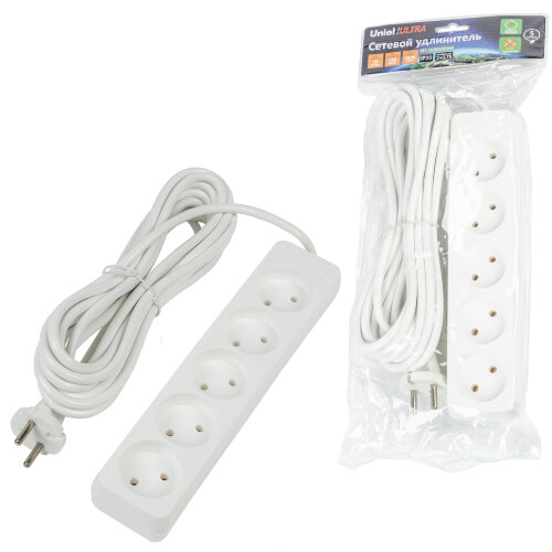 S-CU5-5 WHITE Удлинитель серии Ultra, шнур 5м., 5 гнезд, 10A, б/з. Белый. TM Uniel - фото