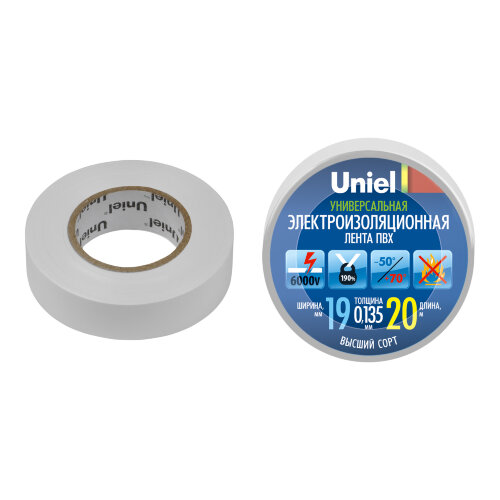 UIT-135P 20-19-01 WHT Изоляционная лента Uniel 20м, 19мм, 0.135мм, 1шт, цвет Белый - фото 1