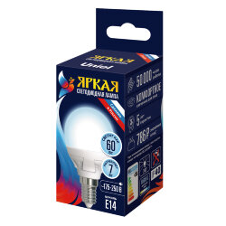 LED-G45 7W-6500K-E14-FR PLP01WH Лампа светодиодная, Форма шар, матовая, Серия ЯРКАЯ, Дневной белый свет 6500K