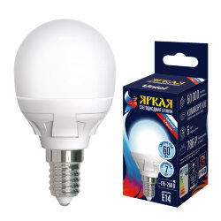 LED-G45 7W-6500K-E14-FR PLP01WH Лампа светодиодная, Форма шар, матовая, Серия ЯРКАЯ, Дневной белый свет 6500K