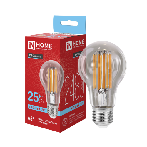 Лампа светодиодная LED-A65-deco 25Вт 230В Е27 6500К 2480Лм прозрачная IN HOME - Фото