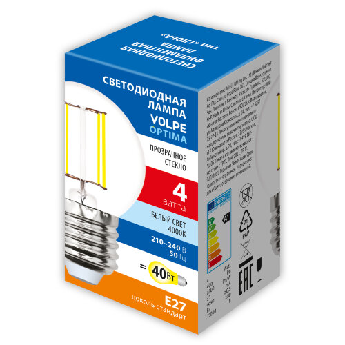 LED-G45-4W-4000K-E27-CL-SLF Лампа светодиодная, Форма шар, прозрачная, Белый свет 4000K - фото 2