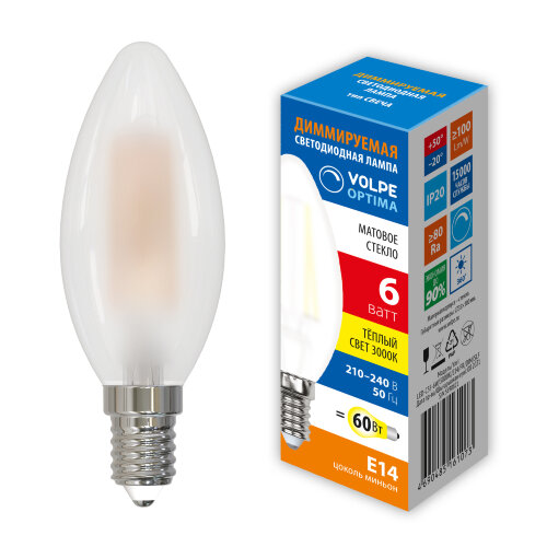 LED-C35-6W-3000K-E14-FR-DIM-SLF Лампа светодиодная диммируемая, Форма свеча, матовая, Теплый белый свет 3000K - фото 3