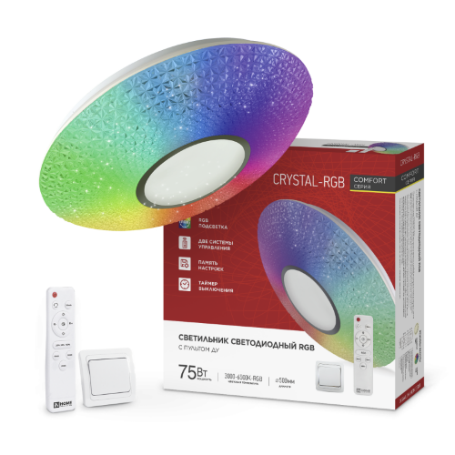 Светильник светодиодный COMFORT CRYSTAL-RGB 75Вт 230В 3000-6500K 6000Лм 500x115мм с пультом ДУ IN HOME - Фото