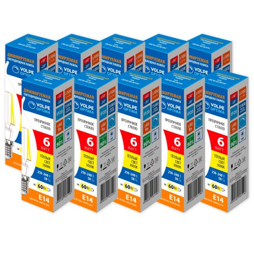 LED-CW35-6W-3000K-E14-CL-DIM-SLF Набор из 10штук Лампа светодиодная диммируемая, Форма свеча на ветру, прозрачная, Серия Optima DIM Филамент, Теплый белый свет 3000K, Картон - фото 1