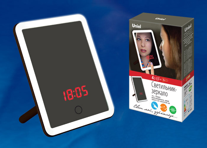 TLD-591 Brown/LED/80Lm/6000K/Dimmer/T+M Настольный светильник — зеркало, 4W. Встроенный аккумулятор 3.7V/600mAh. Сенсорный выключатель. Диммер. Часы. Термометр. Коричневый. ТМ Uniel - фото