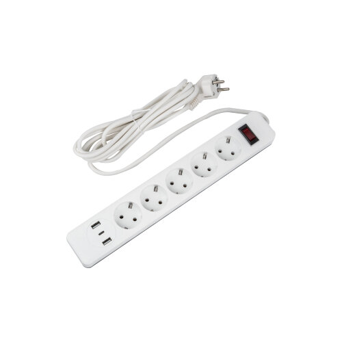 S-GSR5-3 U2C1 WHITE-GREY Сетевой фильтр серии Standard, шнур 3м Пвс 3х0.75, 5 гнезд, с-з, 2USB+1TYPE C, 10A, 2500Вт, Белый-серый, TM Uniel - фото 1