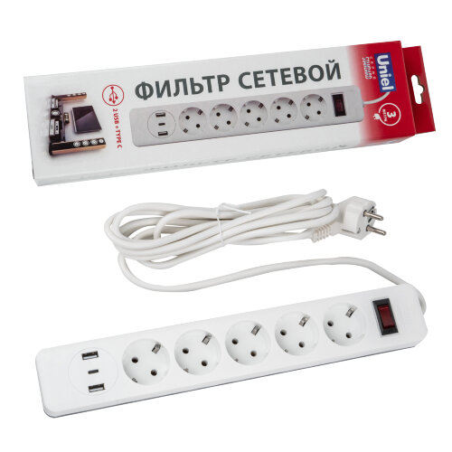 S-GSR5-3 U2C1 WHITE-GREY Сетевой фильтр серии Standard, шнур 3м Пвс 3х0.75, 5 гнезд, с-з, 2USB+1TYPE C, 10A, 2500Вт, Белый-серый, TM Uniel - фото 8