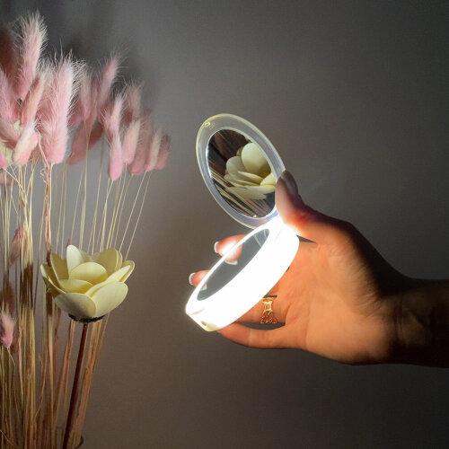 ULK-F70 2AAA WHITE Зеркало карманное с подсветкой 1Х+2Х, На батарейках 2AАА не в-к, Белый - фото 3