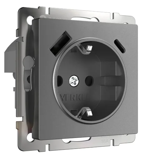 Розетка с заземлением, шторками и USB тип A+C (графит матовый) W1171764 - фото