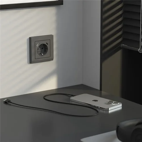 Розетка с заземлением, шторками и USB тип A+C (графит матовый) W1171764 - фото 5