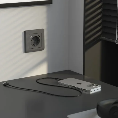 Розетка с заземлением, шторками и USB тип A+C (графит матовый) W1171764 - фото 5