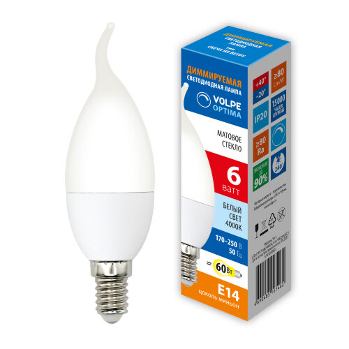 LED-CW37-6W-4000K-E14-FR-DIM-SLS Лампа светодиодная, диммируемая, Форма свеча на ветру, матовая, Белый свет 4000K - фото 3
