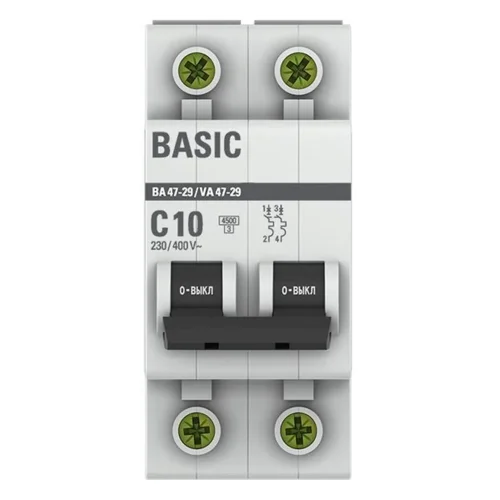 Выключатель автоматический модульный 2п C 10А 4.5кА ВА 47-29 Basic EKF mcb4729-2-10C - фото 2