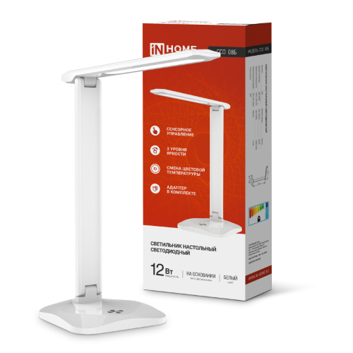 Светильник настольный светодиодный SIMPLE ССО-08Б 12Вт 600Лм сенсор, адаптер БЕЛЫЙ IN HOME - Фото