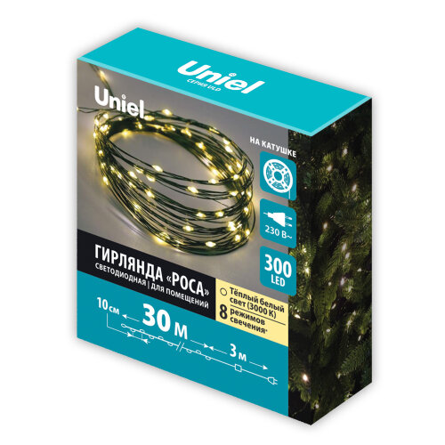 ULD-S3000-300-DGA WW IP20 DEW Гирлянда светодиодная Роса, 30м, 300 светодиодов, Теплый белый свет, Провод зеленый - фото 8