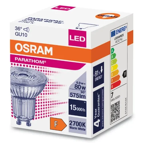 Лампа светодиодная 6.9W/2700K (=80W) 36° GU10 230V 575Lm | PARATHOM Spot | - OSRAM. Фото 2