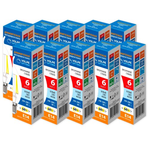 LED-CW35-6W-4000K-E14-CL-DIM-SLF Набор из 10штук Лампа светодиодная диммируемая, Форма свеча на ветру, прозрачная, Серия Optima DIM Филамент, Белый свет 4000K - фото 1