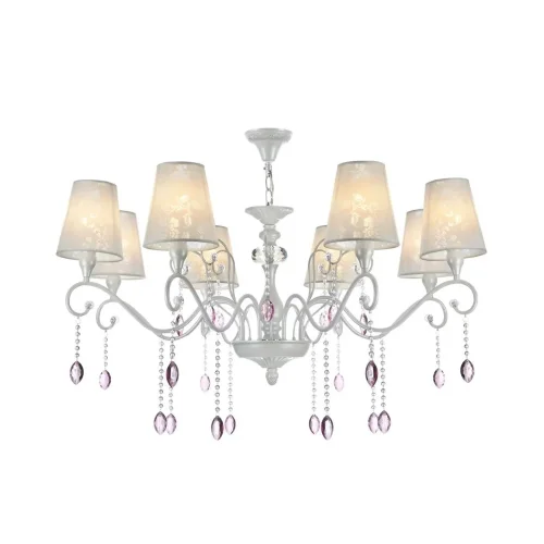 Серия выполнена в классическом стиле. В дизайне люстр и бра сделан легкий цветовой акцент на цепочки из мелких бусин и прозрачные розовые кристаллы. Торшер и настольная лампа имеют строгий и лаконичный дизайн. Все изделия серии, кроме бра, в основании дек