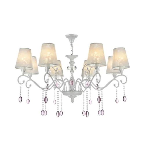 Серия выполнена в классическом стиле. В дизайне люстр и бра сделан легкий цветовой акцент на цепочки из мелких бусин и прозрачные розовые кристаллы. Торшер и настольная лампа имеют строгий и лаконичный дизайн. Все изделия серии, кроме бра, в основании дек