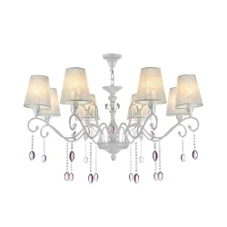 Серия выполнена в классическом стиле. В дизайне люстр и бра сделан легкий цветовой акцент на цепочки из мелких бусин и прозрачные розовые кристаллы. Торшер и настольная лампа имеют строгий и лаконичный дизайн. Все изделия серии, кроме бра, в основании дек