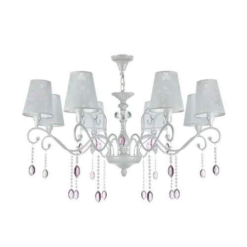 Серия выполнена в классическом стиле. В дизайне люстр и бра сделан легкий цветовой акцент на цепочки из мелких бусин и прозрачные розовые кристаллы. Торшер и настольная лампа имеют строгий и лаконичный дизайн. Все изделия серии, кроме бра, в основании дек