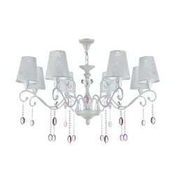 Серия выполнена в классическом стиле. В дизайне люстр и бра сделан легкий цветовой акцент на цепочки из мелких бусин и прозрачные розовые кристаллы. Торшер и настольная лампа имеют строгий и лаконичный дизайн. Все изделия серии, кроме бра, в основании дек