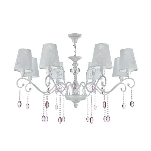 Серия выполнена в классическом стиле. В дизайне люстр и бра сделан легкий цветовой акцент на цепочки из мелких бусин и прозрачные розовые кристаллы. Торшер и настольная лампа имеют строгий и лаконичный дизайн. Все изделия серии, кроме бра, в основании дек