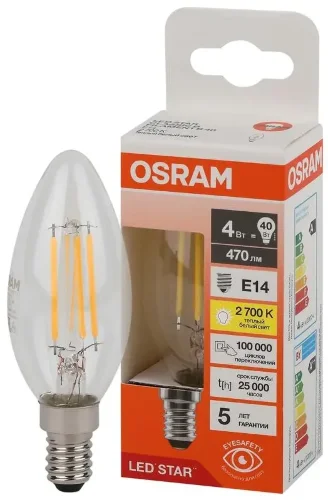 Лампа светодиодная филаментная 4W/2700K (=40W) E14 | Свеча | LED STAR 5Y FILAMENT | - OSRAM. Фото 2