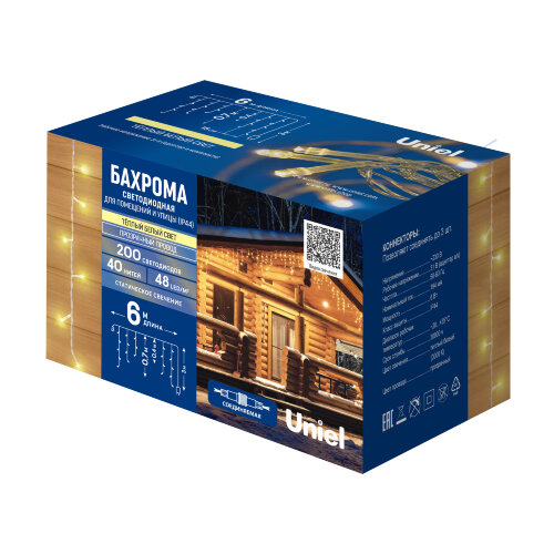 ULD-B6007-200/STK WARM WHITE IP44 Бахрома светодиодная со статическим свечением, 6м. Соединяемая. 200 светодиодов. Теплый белый свет.Провод прозрачный. ТМ Uniel - фото