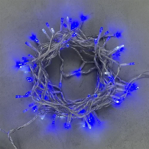 Гирлянда Нить 10м Синяя с Мерцанием Белого Диода 24В, 100 LED, Провод Прозрачный ПВХ, IP54. Фото 1.