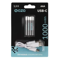 Аккумулятор литиевый AAA 1.5В Li-Ion 1000мВт.ч 660мА.ч зарядка от Type-C шнур в комплекте BL-2 (уп.2шт) ФАZА 5061637