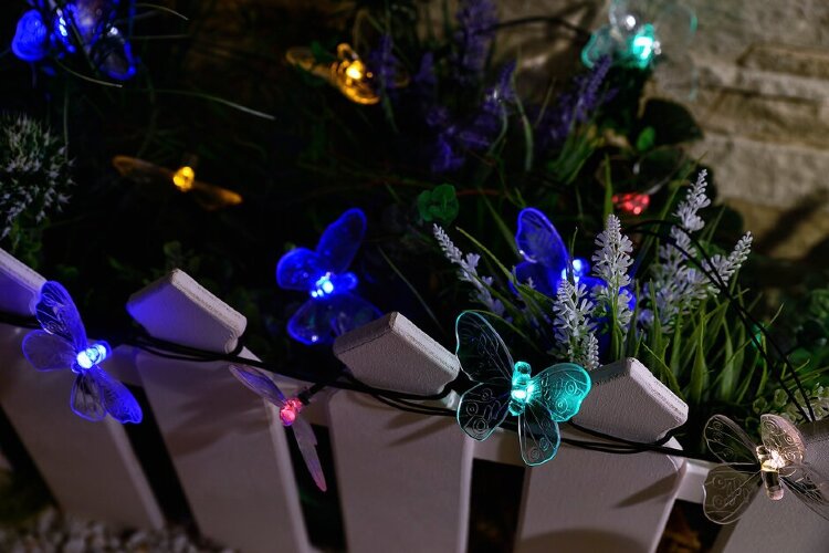 USL-S-129-PT4000 BUTTERFLIES Садовая гирлянда на солнечной батарее Бабочки, 20 светодиодов, Разноцветный свет, 1xАА Ni-Mh аккумулятор в-к, IP44. - фото 9