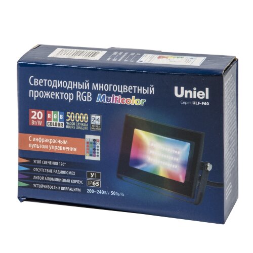 ULF-F60-20W-RGB IP65 200-240В BLACK Прожектор светодиодный, Мультиколор, Пульт ДУ в-к, Корпус черный, TM Uniel - фото 6