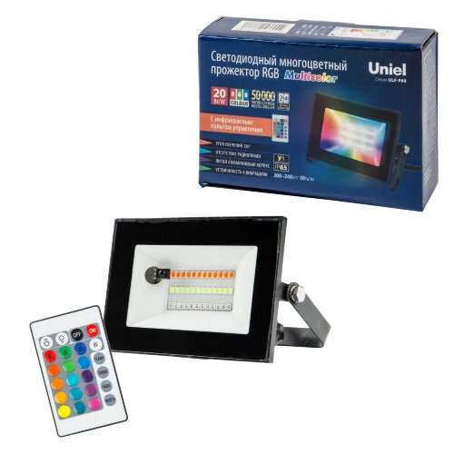ULF-F60-20W-RGB IP65 200-240В BLACK Прожектор светодиодный, Мультиколор, Пульт ДУ в-к, Корпус черный, TM Uniel - фото 7