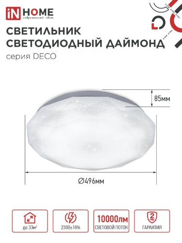 Светильник светодиодный серии DECO ДАЙМОНД 95Вт 230В 6500К 10000Лм 496х85мм IN HOME - Фото 2