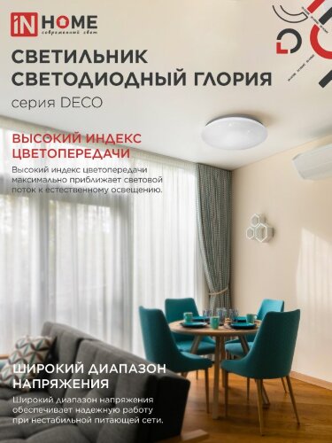 Светильник светодиодный серии DECO ГЛОРИЯ 12Вт 230В 6500К 1080Лм 210х65мм IN HOME - Фото 5