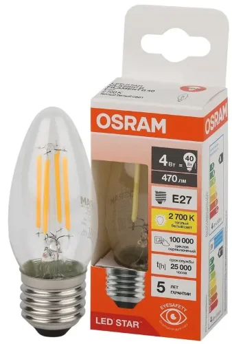 Лампа светодиодная филаментная 4W/2700K (=40W) E27 | Свеча | LED STAR 5Y FILAMENT | - OSRAM. Фото 2